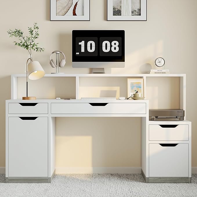 Computer Desk with 4 Drawer &amp Storage Shelves 58 White Office Desk with File Drawer &amp Cabinet Small Study Desk with Monitor Stand &amp Printer Shelf for Bedroom Small Spaces White