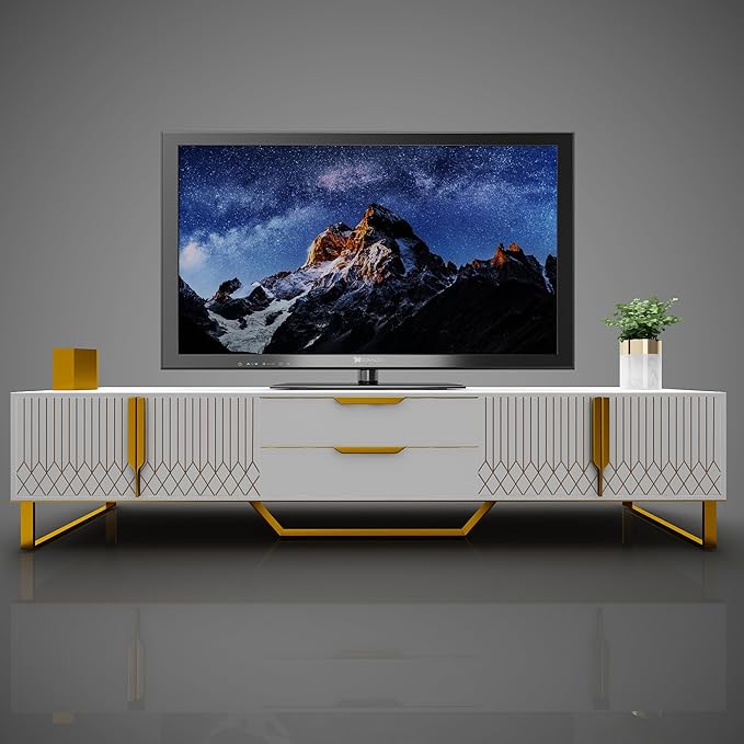 Luxury TV Stand for 55 65 75 Inch TV Carving Design Entertainment Center for 50 60 70 Inch TV Metal Legs TV Console TV Table Equipped with Two Drawers and Cabinets White
