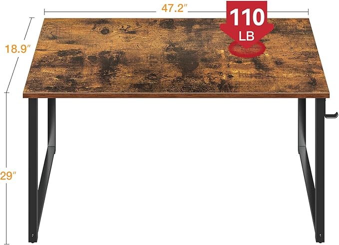 Casaottima 48 Inch Small Computer Desk for Home Office Study Writing Table for Small Spaces Simple Modern Desk with Headphone Hooks Rustic Brown