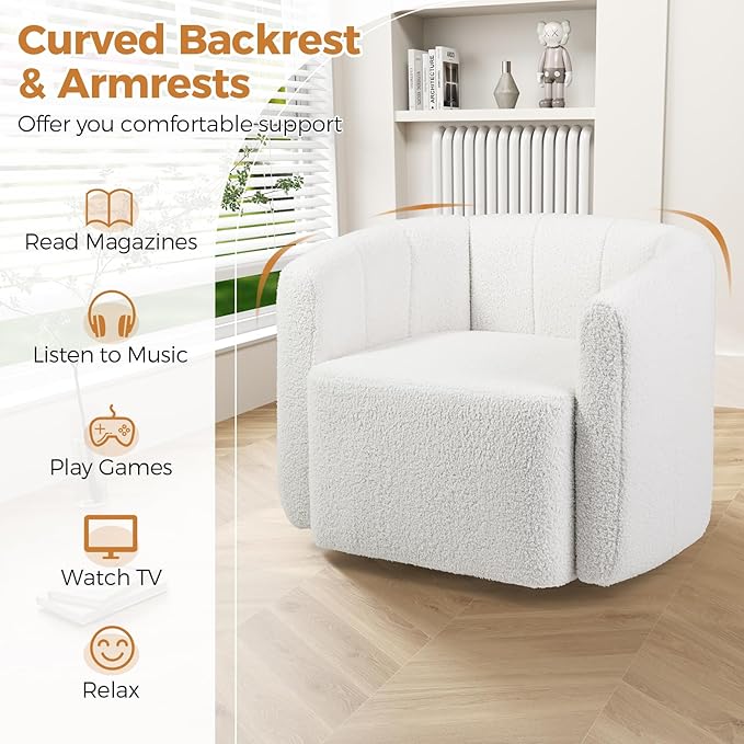 GOFLAME Swivel Barrel Chair Upholstered Sherpa Accent Chair with Curved Backrest &amp Armrests Reading Armchair Modern Club Tub Sofa Chair for Living Room Bedroom Study