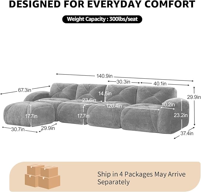 Red L-Shaped Sectional Couches for Living Room Velvet Fabric Boneless Couch No Assembly Cloud Modular Sectional Sofa with 1 Ottoman Foam Couch Compressed Sofa Set for Apartment Sofas para Sala