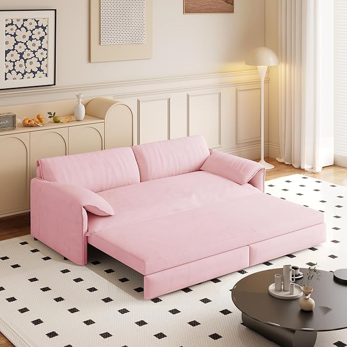 66 Queen Size Pull Out Sofa Bed 3-in-1 Convertible Sleeper with Side Storage and Wheels Velvet Loveseat for Living Room Apartment Bedroom Pink (Mattress &amp Bedding Not Included)