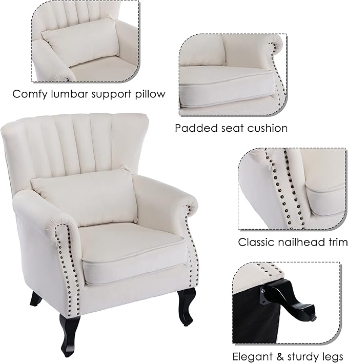 chairus Mid-Century Modern Accent Chair Comfy Single Sofa Chair Channel Back Armchair with Small Pillow for Living Roon Bedroom Club - Velvet Cream