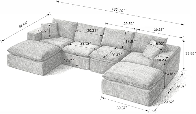Luxury Modular Sectional Sofa with 2 Ottomans 6-Piece Oversized Cloud Couch Black Chenille Fabric Boneless Sofa for Living Room &amp Bedroom | Boneless Couch Chenille Fabric Sectional Sofa