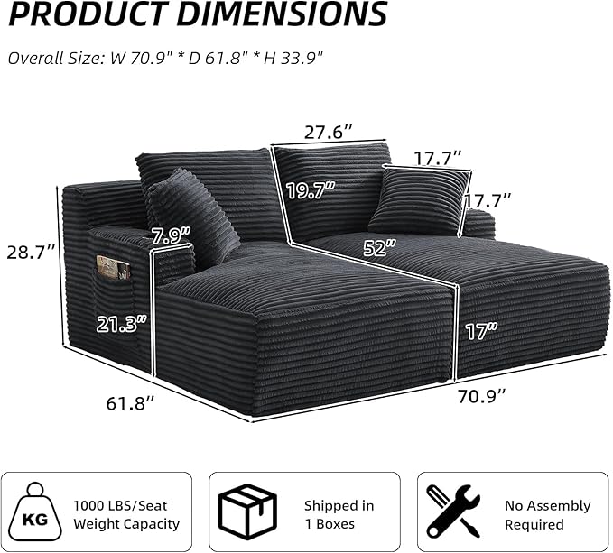 Oversized Double Chaise Lounge Chair Indoor Fluffy Upholstered Corduroy Sofa Bed with Throw Pillows Comfy Sleeper Deep Seat Sectional Loveseat Sofa Couch for Living Room (Dark Gray)