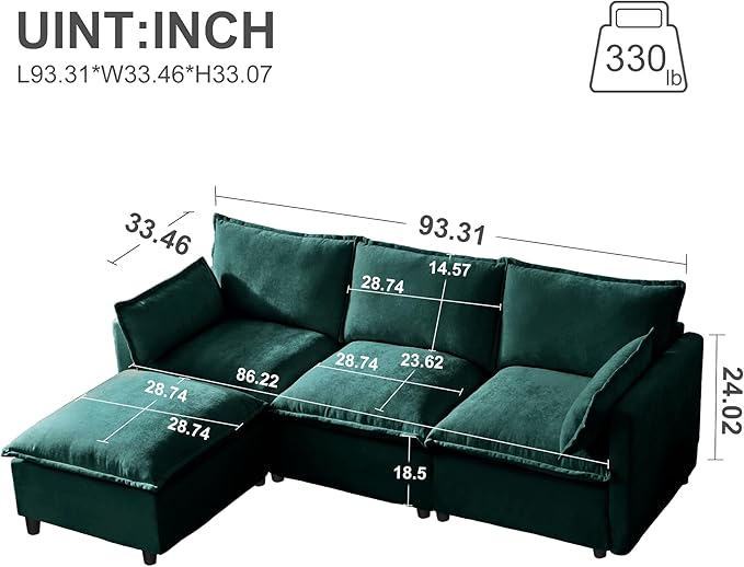 93.31 Inch L-Shaped Couch Sofa with Ottoman Modular Sectional Sofa with 4 Seats and Pillows for Home Living Room Modern Chenille Fabric Large Comfy Cloud Couch DIY Combination (Green-93inch)