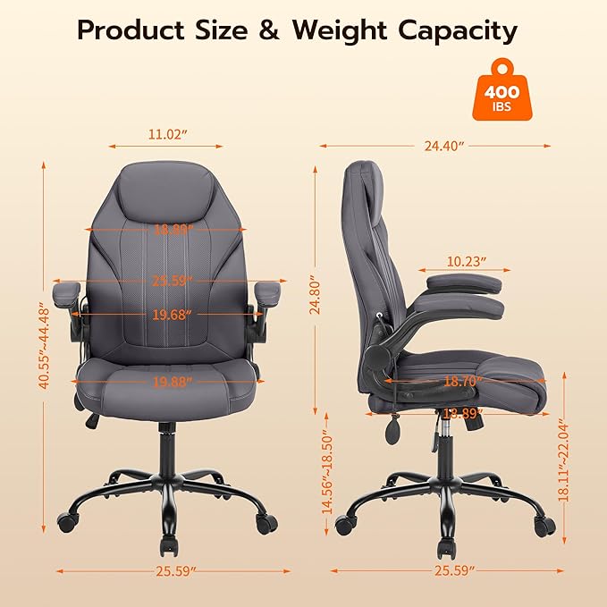 Office Desk Chair Ergonomic Computer Chair with Padded Flip-Up Arms and Adjustable Lumbar Support PU Leather Executive Chair with Tilt Lock and 360° Swivel Rolling Wheels for Work Study