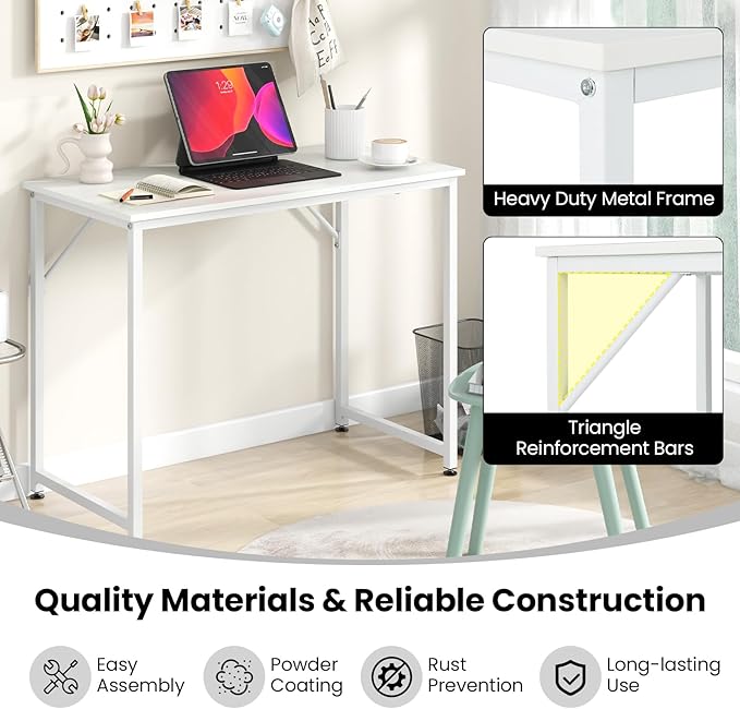 Tangkula Computer Laptop Desk Heavy Duty Metal Frame Writing Desk Home PC Office Desk with Adjustable Foot Pads Conference Tables for Combined Use Compact Task Desk for Bedroom Study (White)