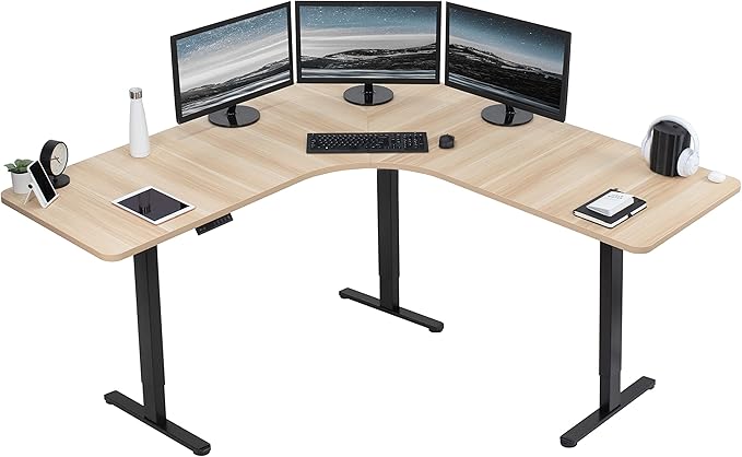 VIVO Electric Height Adjustable 71 x 71 inch Curved Corner Stand Up Desk Light Wood Table Top Black Frame Memory Controller L-Shaped Workstation E3C Series DESK-KIT-E3CBC