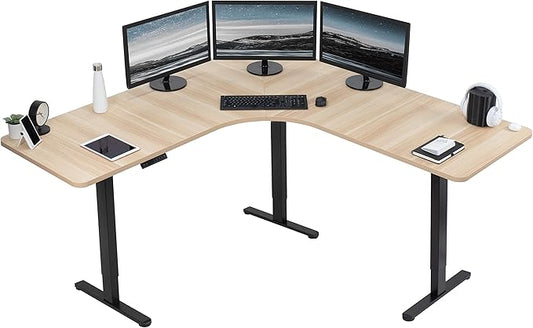VIVO Electric Height Adjustable 71 x 71 inch Curved Corner Stand Up Desk Light Wood Table Top Black Frame Memory Controller L-Shaped Workstation E3C Series DESK-KIT-E3CBC