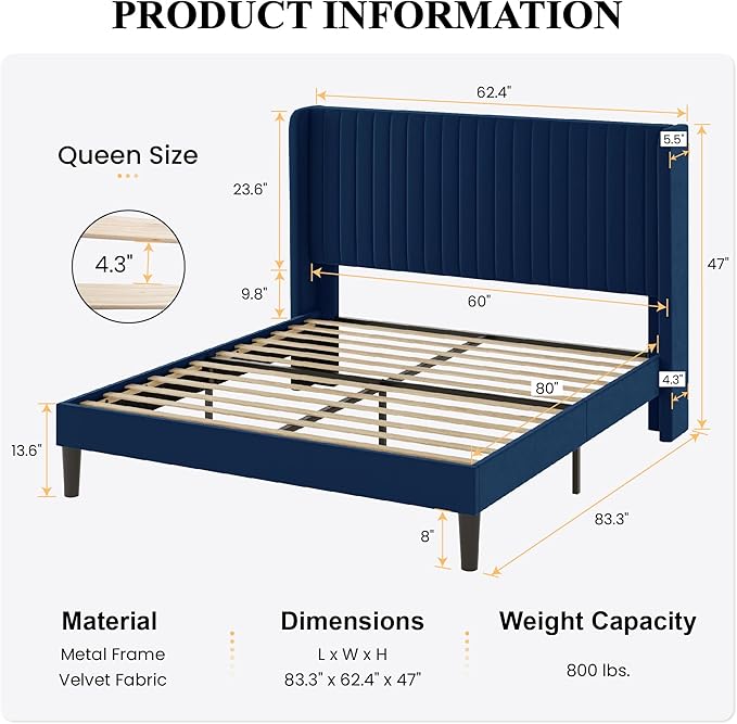 SHA CERLIN Queen Size Velvet Bed Frame with Vertical Channel Tufted Wingback Headboard Upholstered Platform Bed with Wood Slats No Box Spring Needed Easy Assembly Blue
