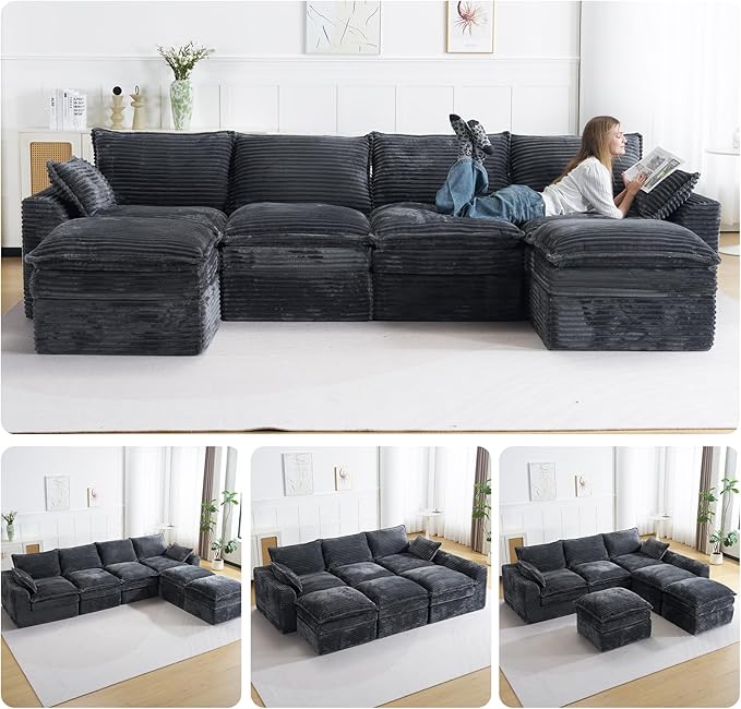 145 Cloud Sectional CouchOversized U Shaped Boneless Couch with OttomanDeep Seat Modular Sectional Sofa for Living Room with Side Pockets No AssemblyCorduroyGrey