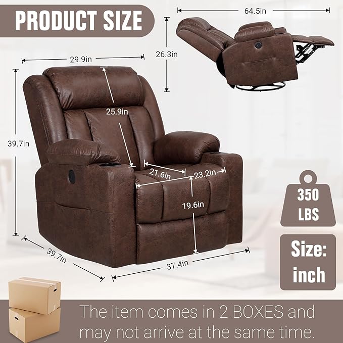LEVELEVE Retro Rocking Recliner Chair Massage Chair with Vibration Massage and Heat USB and Type-C Ports360° Swivel ChairsLiving Room Bedroom Nursery RV Brown