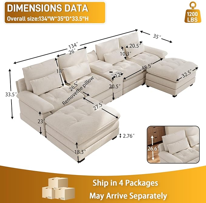 134 Oversized Beige Sectional Couches for Living Room with Glitter Fabric Fluffy Couch with Chaise Lounge&ampTufted Buttons U Shaped Sofa Set Chenille 6 Seater Couch with 2 Ottoman &amp Storage
