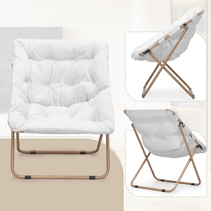 Athena Collection Comfy Saucer Chair and Ottoman Set of 2 for Adult Comfortable Faux Fur Square Oversize Folding Reading Chair with Metal Leg Lazy and Cozy for Bedroom Living Room White