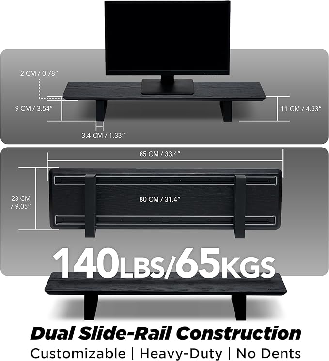 Moodular Wooden Monitor Stand 33.4” (85cm) Desk Organizer with Metal Slide Rails for Drawer Tray Laptop Tablet Phone &amp Headphones Customizable Riser for Organized Workspace Black MS85-B