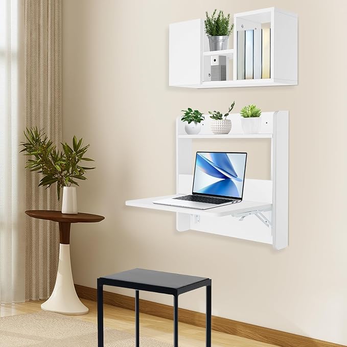 Wall Mounted Folding Desk Solid Wood Floating Laptop Desk with Wall Mounted Bookshelf for Living Room Coffee Shop Apartments 88lbs Table Load-Bearing (White)