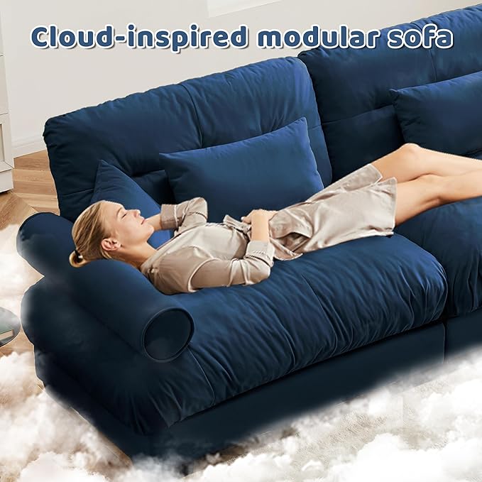 166 Modern Oversized Modular Cloud Sectional Sofa 4-Seater L-Shaped Couch Sofa with Pillows and Thick Cushions Comfortable Velvet Living Room Sofas Set for Home Theater &amp Apartment Blue