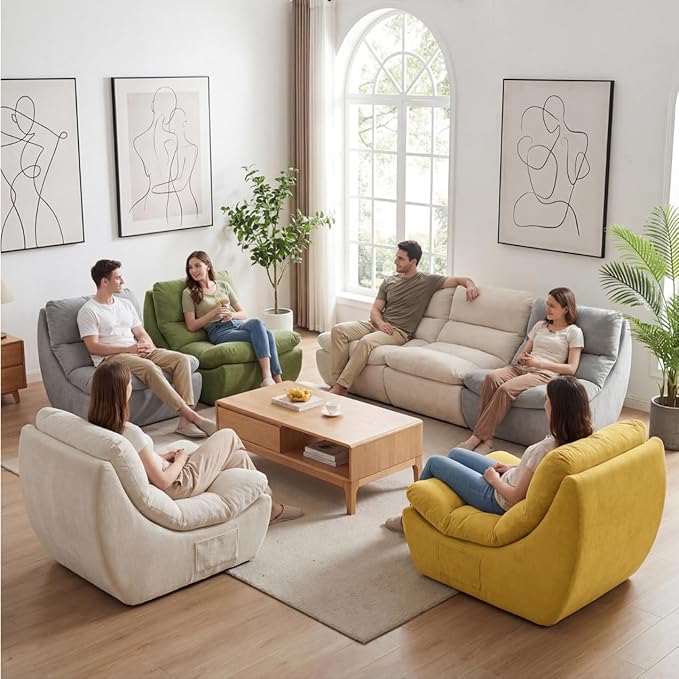 Comfy Reading Chair for Adults Modular Sectional Sofa Bean Bag Chair Cloud Boneless Couch Style with High Rebound Foam Single Seat Compressible Sofa for Living Room &amp Bedroom Beige