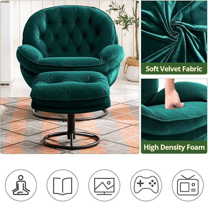 Velvet Swivel Accent Chair with Ottoman Set Modern Lounge Chair with Metal Base Frame &amp Footrest Comfortable Single Leisure Sofa Chair Reading Chair with 360 Degree Swiveling for Living Room Gr