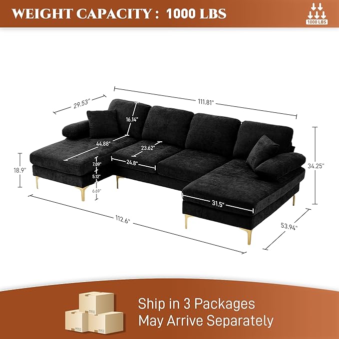 112 Cloud Sectional Sofa with Extra Deep SeatU Shaped Sectional Couches for Living Room4 Seater Chenille Sofas &amp CouchesModern Apartment Couch with Double Chaise Lounge (Black)