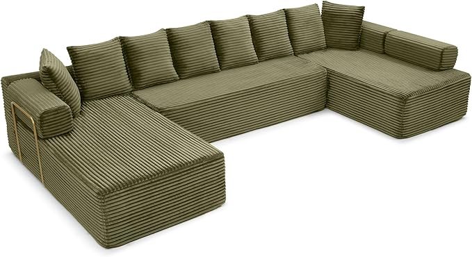 145 inch Modern Sectional Couch for Living Room Oversized Cloud Boneless Couch with Freely Movable Armrest and Fixed-Shape Frame Green Modular Sofa U Shape Couches | No Assembly Required Free Combi