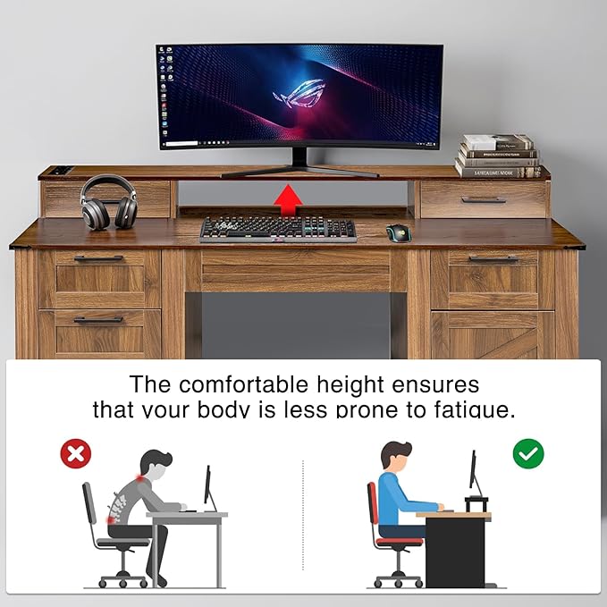 59.5 Farmhouse Executive Desk with Hutch Computer Desk with 6 Drawers File Drawer Cabinet Storage and Charging Station Home Office Writing Desk for Study BedroomBrown
