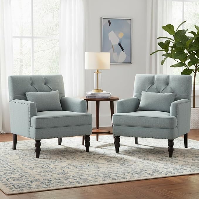 HUIMO Accent Chairs Set of 2 Tufted Club Chair Set of 2 with Lumbar PillowUpholstered Button Armchair Linen Fabric Sofa Chairs for Bedroom Living Room Mid Century Modern Reading ChairLight Blue