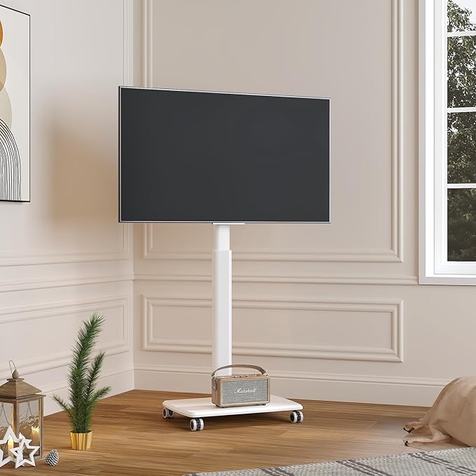 White Rolling TV Stand for 32 to 55 65 75 85 Inch TVs Corner TV Floor Stand with Mount Universal Portable Mobile TV Cart on Wheels Small TV Stand for Bedroom Living Room Conference Room