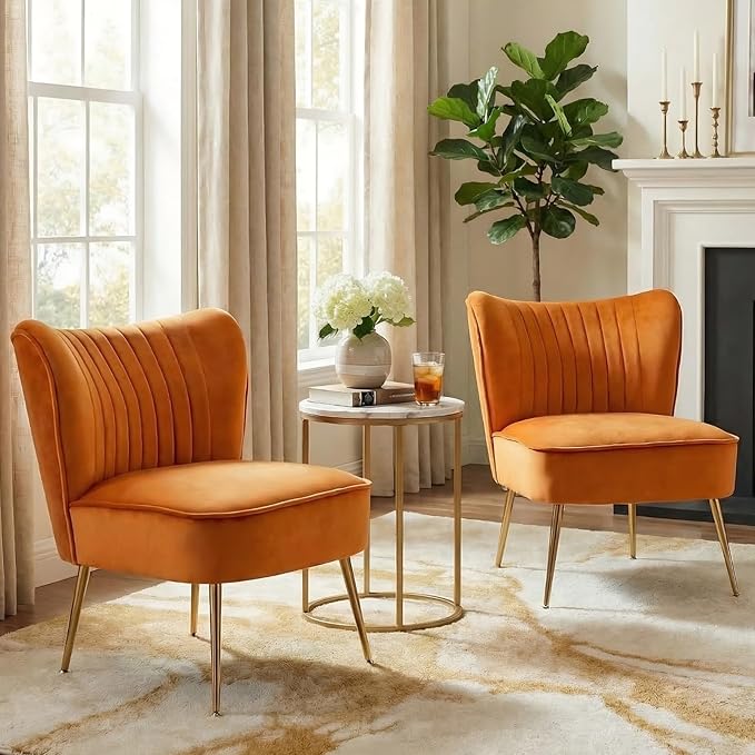 DUOMAY Modern Accent Chair Set of 2 Velvet Slipper Chair with Gold Legs Wingback Side Chair for Living Room Bedroom Entryway Small Corner Chair for Space Saving Orange