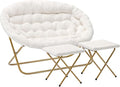 Flash Furniture Eleanor Portable Double Saucer Chair with 2 Ottomans Folding Steel Frames for Dorm or Bedroom 56 Ivory Faux Shearling/Soft Gold Frame