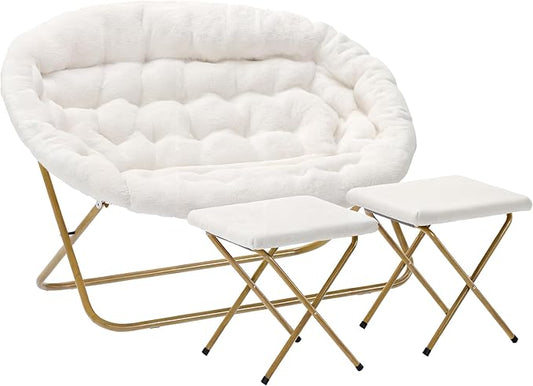 Flash Furniture Eleanor Portable Double Saucer Chair with 2 Ottomans Folding Steel Frames for Dorm or Bedroom 56 Ivory Faux Shearling/Soft Gold Frame