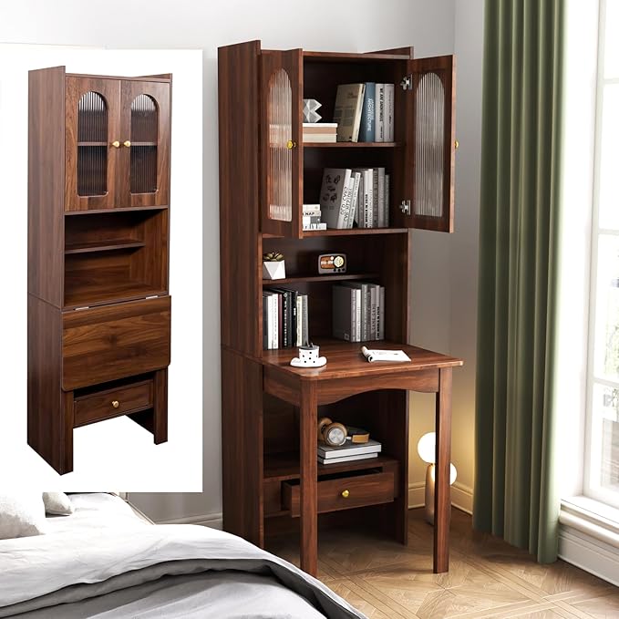 Hideaway Fold Out Home Office Desks Folding Desk with Storage Shelves &amp Drawers Convertible Murphy Desk Cabinet with Bookcase for Small Space Work Study Room (Walnut)
