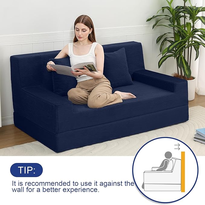 MeMoreCool Corduroy Boneless Sofa Bed Queen – Folding Futon Couch with High-Density Foam Convertible Floor Sleeper &amp Pillow Machine-Washable Cover for Guest Room Bedroom Small Apartment