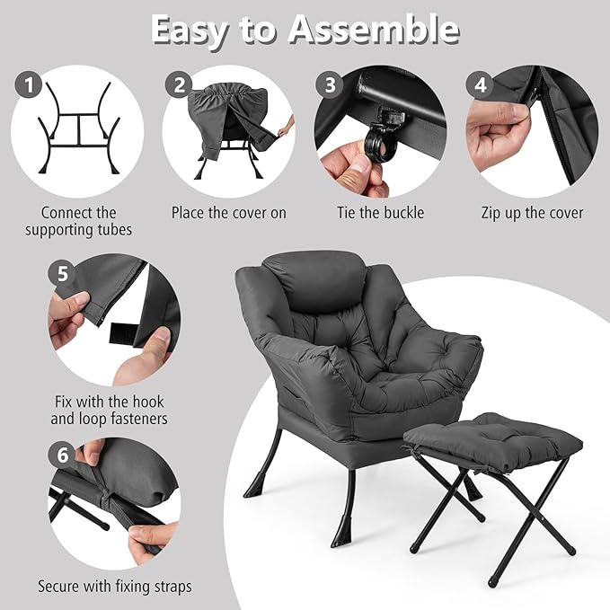 Single Lazy Sofa Chair w/Foldable Ottoman Modern Lounge Chair Indoor w/Armrest &amp Side Storage Pocket Upholstered Comfy Reading Chair for Bedroom Living Room Office