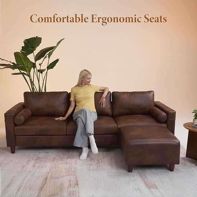 Vesgantti 100 L Shaped Faux Leather Couch with Movable Ottoman 3 Seater PU Leather Sectional Sofa with Side Pocket Mid Century Modern Modular Couch for Living Room Bedroom Chocolate