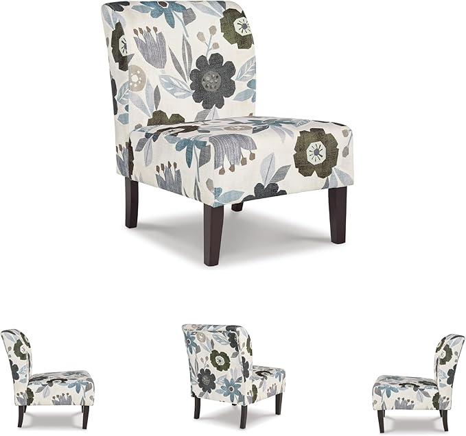 Signature Design by Ashley Triptis Floral Armless Accent Chair with Attached Cushions Fabric Upholstery Wood Legs 16.63 Seat Height White Blue &amp Gray