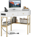 Tangkula Corner Desk with 2 Drawers &amp Built-in Charging Station 90 Degrees Triangle Corner Computer Desk for Small Space Bedroom Makeup Vanity Desk with Storage Shelves Corner Desk (Gold &amp