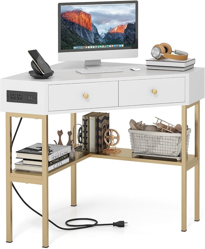 Tangkula Corner Desk with 2 Drawers &amp Built-in Charging Station 90 Degrees Triangle Corner Computer Desk for Small Space Bedroom Makeup Vanity Desk with Storage Shelves Corner Desk (Gold &amp