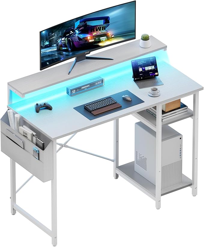 HLDIRECT Computer Desk with LED Lights 40Inch Gaming Desk with Monitor Stand &amp Side Storage Shelves Writing Study Table with Storage Bag for Home Office and Bedroom White