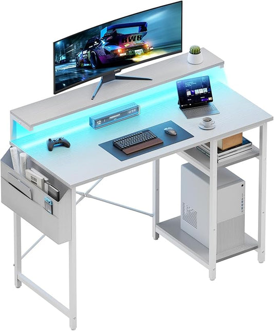 HLDIRECT Computer Desk with LED Lights 40Inch Gaming Desk with Monitor Stand &amp Side Storage Shelves Writing Study Table with Storage Bag for Home Office and Bedroom White