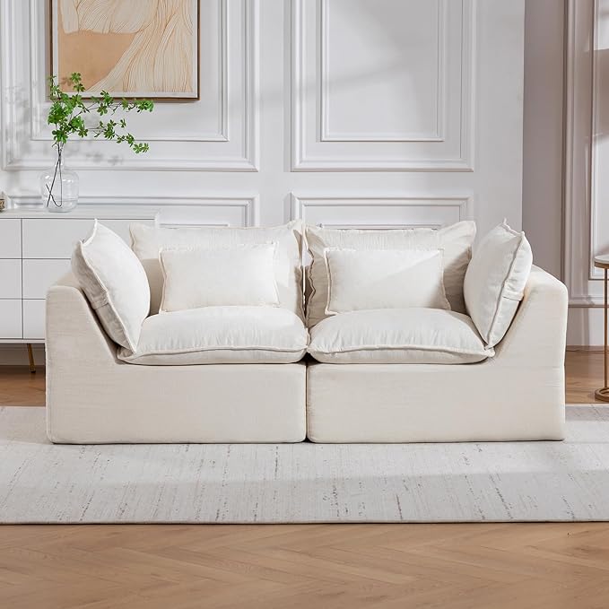 75 Cloud Loveseat Sofa for Small Space Waffle Knit Boneless Couch Deep Seat Oversized 2-Seater Modular Foam Apartment FurnitureWhite