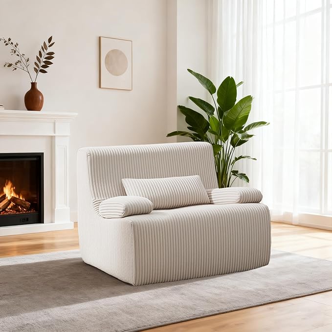 AHMED Boneless Chair Corduroy Cloud Chair Foam Couch with Wide Armrest&ampPillow No Assembly Reading Single Sofa for Living Room/Bedroom/Apartment Beige