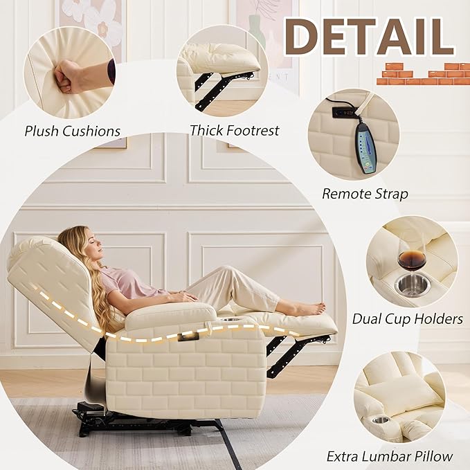 Wall Hugger Power Recliner Chair with Heat and Massage Overstuffed Reclining Sofa Chair for Living Room Home Theater RV with 3-Side LED Lights/Cup Holders/USB &amp Type C Port (White)