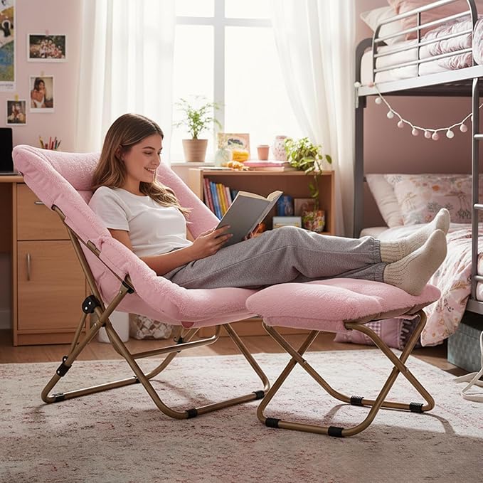 Tiita Folded Chair with Straight Ottoman Soft Faux Fur Oversized Folding Accent ChairLazy Chair Metal Frame Moon Chair for Bedroom Living Room Dorm Rooms Garden and Courtyard Pink