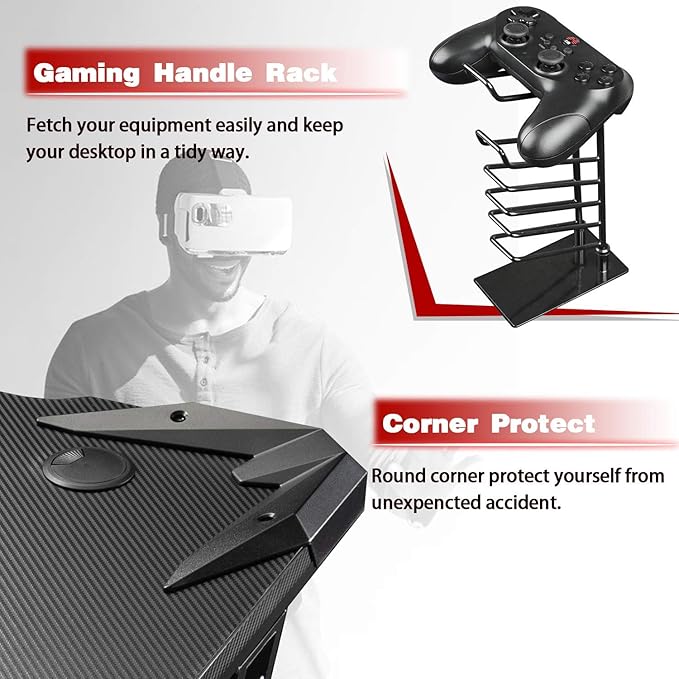 Greesum 44 Inch Z Shaped Computer Gaming Desk Home Office Table with Carbon Fiber Surface Cup Holder &amp Headphone Hook Red (GS-ZGD1RD)