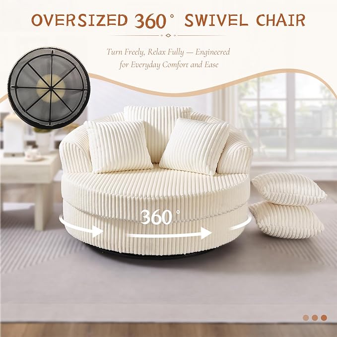 360 Degree Oversized Swivel Chair 50 Round Lounge Chair Modern Accent Circle Chair W/ 5 Pillows Upholstered Corduroy Sofa Chair for Living Room Bedroom Apartment Beige