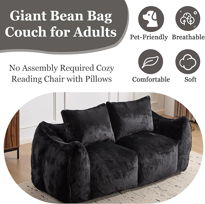 75 Inch Loveseat Bean Bag Couch for Adults Oversized Compressed Boneless Sofa Couch in a Box for Living Room Bedroom Apartment Soft FluffyNo Assembly (Black)