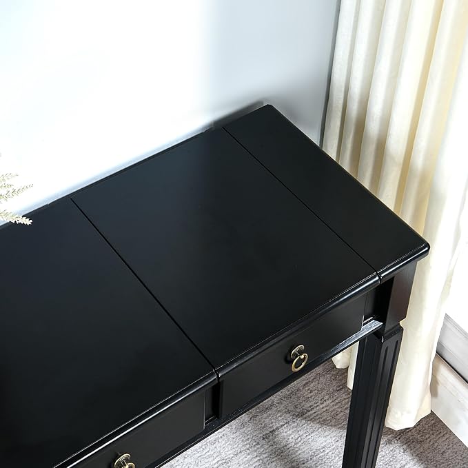 LEEMTORIG 31.5 Solid Wood Small Vanity Desk with Flip-top Mirror Compact Wooden Writing Desk with Drawers 3 in 1 Secretary Desk/Dressing Table/Nightstand for Small Space Black SZT-D0036-BK