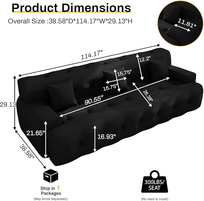 OUYESSIR 114 Boneless CouchCloud Couch3D Mesh Fabric Comfy Sofa3 Seater Modern Curved Sofa for Living RoomBedroom and ApartmentNo Assembly RequiredBlack